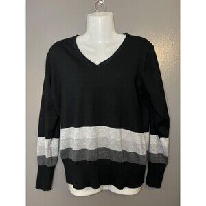 Vita Milano Sweater Womens Medium Black Gray Colorblock V Neck Pullover